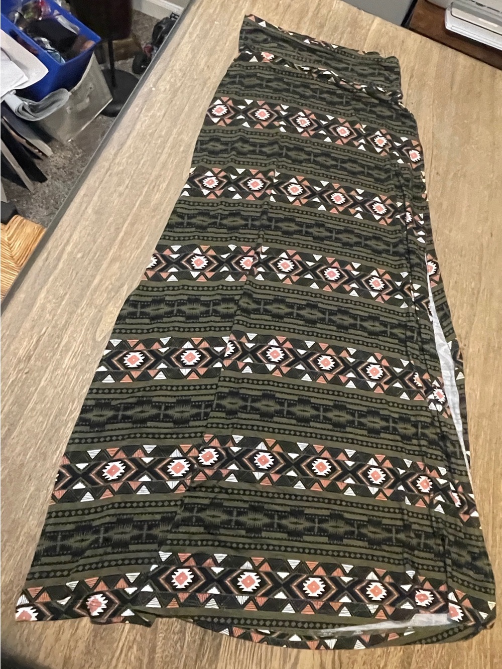 Charlotte Russe Olive Green & Coral Aztec Maxi Skirt, Size Small